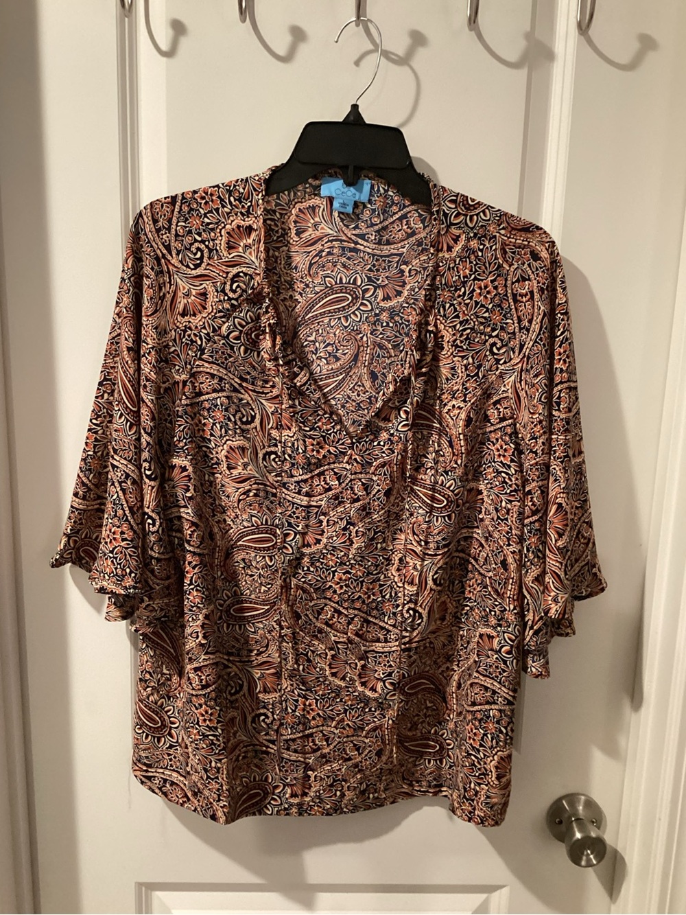 CeCe Paisley V-Neck Blouse in Blue and Tan